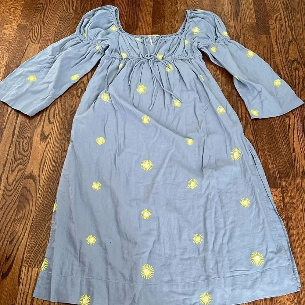 Free People Emory Dress Embroidered Sun Midi Size Medium Blue New